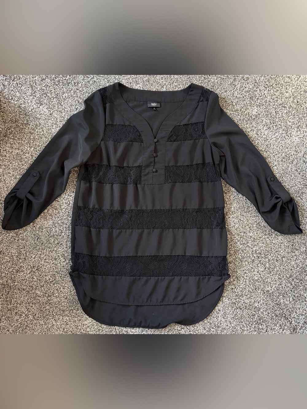 Mossimo Black Lace-Striped V-Neck, 3/4 Roll-Sleeve Blouse